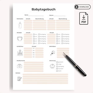 Puede incluir: Un diario de bebé imprimible con secciones para la alimentación, cambios de pañal, sueño, actividades, medicamentos, notas y estado de ánimo. El diario tiene un diseño sencillo con iconos en blanco y negro.