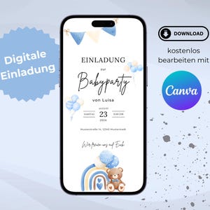 Baby shower invitation digital, customizable, Canva template, baby shower, send via smartphone, WhatsApp, mail, SMS, bear balloon blue