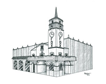 Fox Theatre Print, Visalia Landmark Print, Ink Illustration, Architecture Illustration, Postcard Print, 5x7 Print