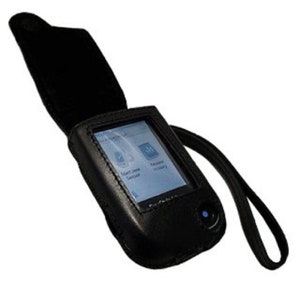 May include: A black leather case with a flap that opens to reveal a small black handheld device with a screen displaying the words "Start new session" and "Review history".