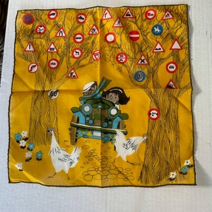 1960s Novelty Cotton Handkerchief: Vintage Car, Chickens, Road Signs