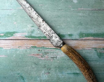 Vintage Victorian steel bladed carving knife by J Hackett with antler handle
