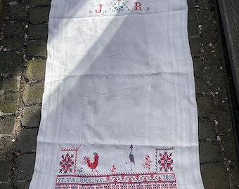 Victorian Embroidered Linen Wedding Towel: Initials J R, Birds, Flowers, St Valentine 1891