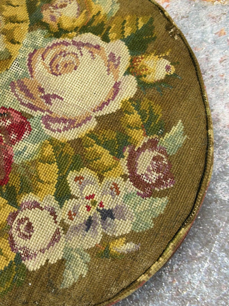 Vintage Antique Round Circular Floral Tapestry Needlepoint Footstool ...