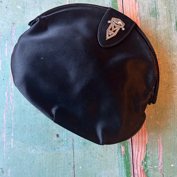 Stunning vintage early original Gucci black satin evening clutch bag crystal clasp for restoration, collector