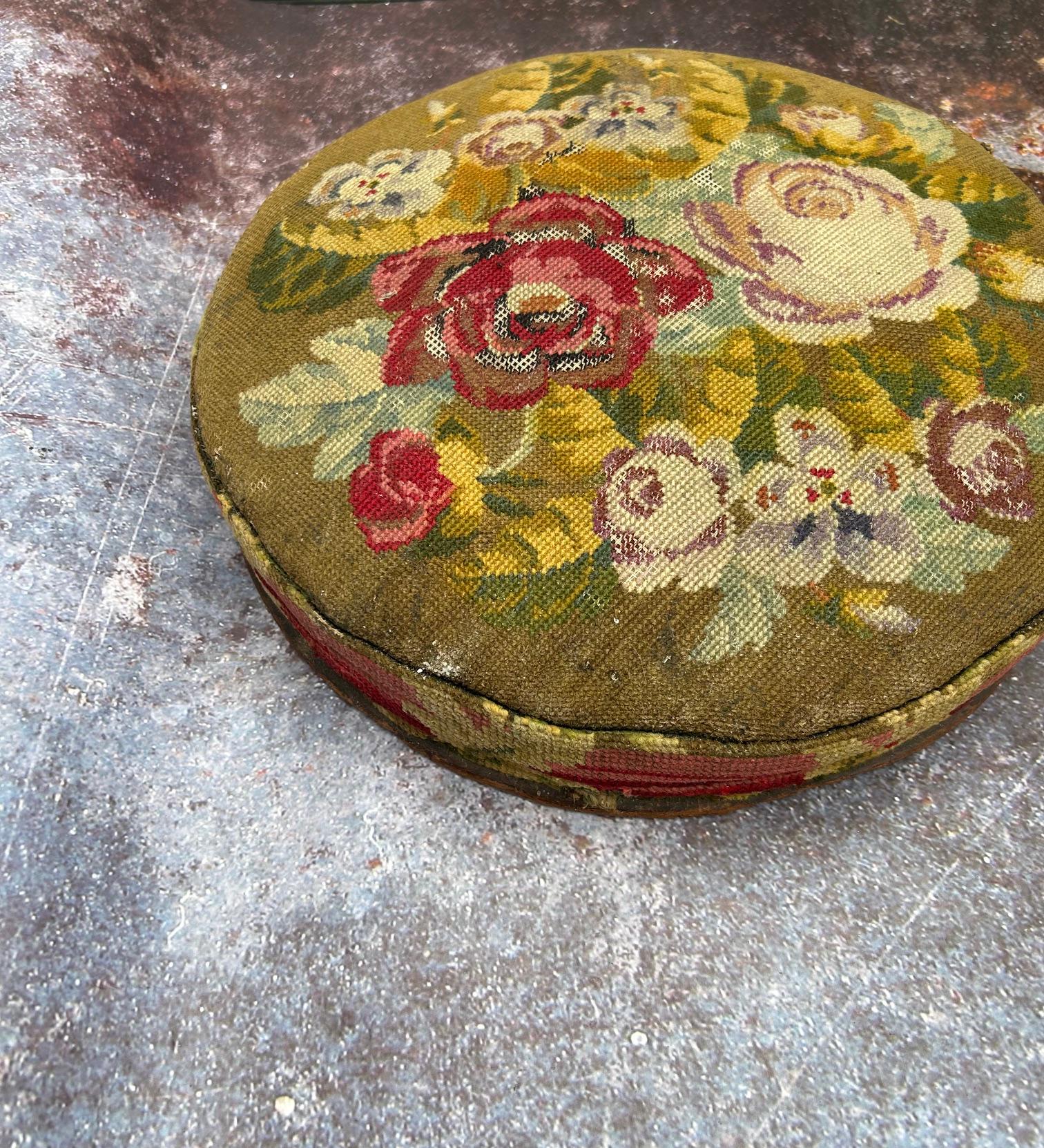 Vintage Antique Round Circular Floral Tapestry Needlepoint Footstool ...