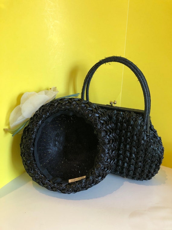 Vintage Black Straw Hat and Handbag Set - image 2