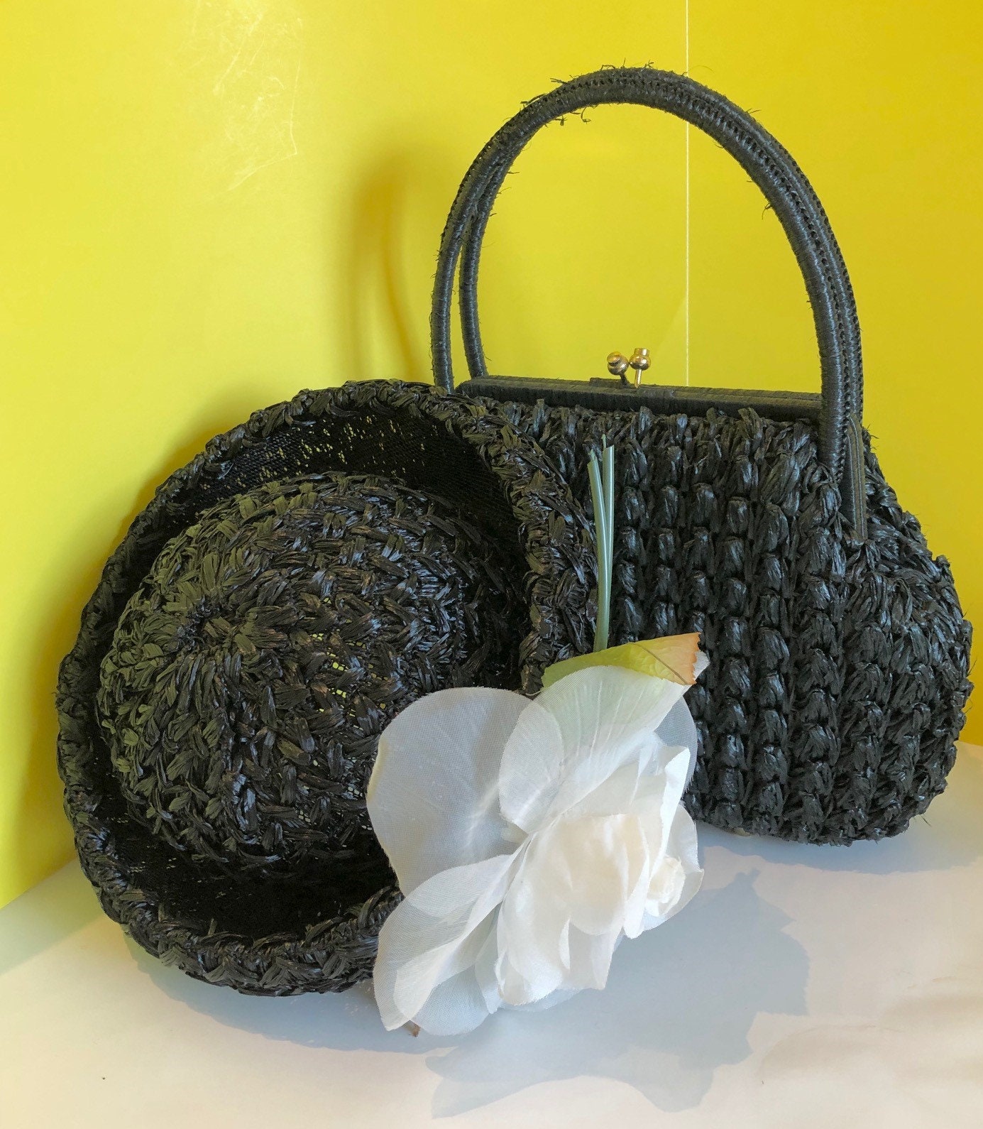 Vintage Black Straw Hat and Handbag Set
