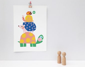 nursery print | animal stack | tortoise | ladybird | hedgehog | snail | childrens bedroom | decoration | kids | illustration | nursery decor