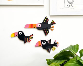 Set of 3 Flying wooden Birds - toucans, Nursery Decor, Unique Wooden Wall Decoration, Bird ornaments, Hanging wall art