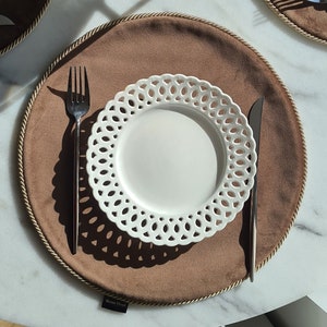 One velvet sand colour round placemat, latte placemat, neutral placemat, housewarming gift, new home gift, brown placemats for table