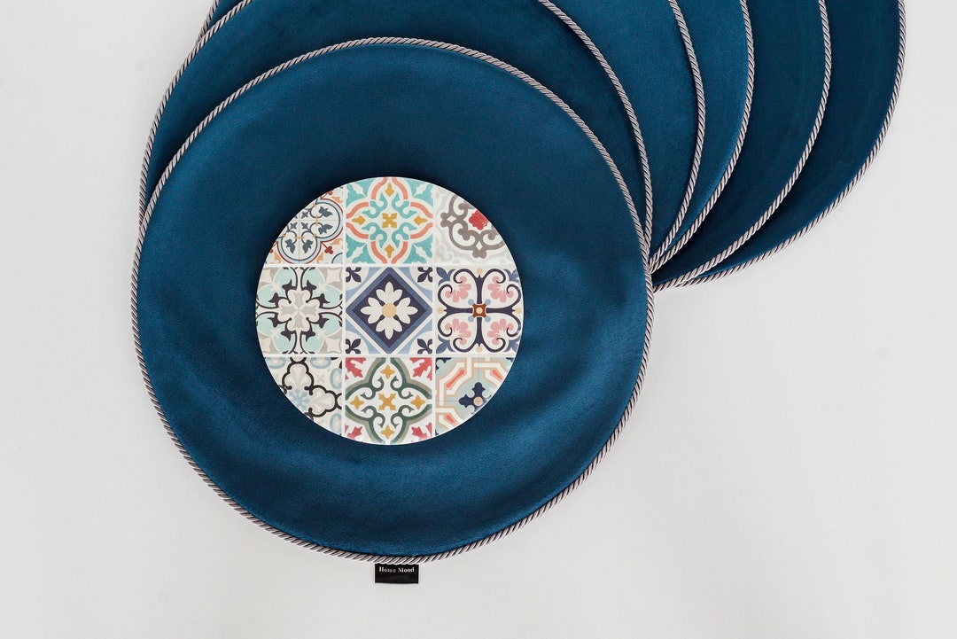 Velvet Navy Blue Round Placemats Set of 4 Housewarming Gift Etsy