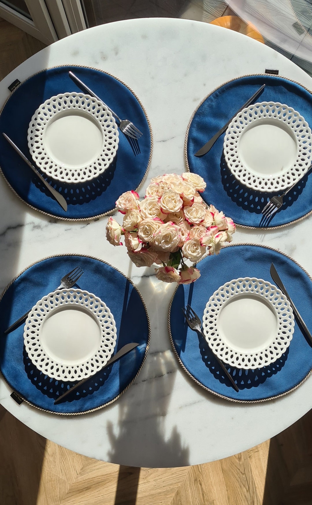 Blue Velvet Round Placemats Set of 6, Table Placemats Set of 6