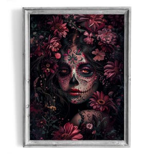 Sugar Skull Girl with Flowers #2, Instant Download, Dia De Los Muertos, Day of the Dead Wall Art, Mexican Tradition Decor, Skulls & Flowers