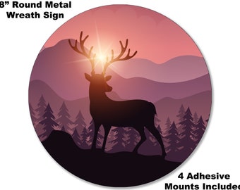 Deer #1 - Metal 8" Wreath Sign - Rustic Cabin Welcome Home Woods Hunting Season Buck Rack Wildlife Gift (Adhesive Mounts Included)