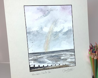 Regenboog, Noordzee - Gemonteerd pastelschilderij, origineel