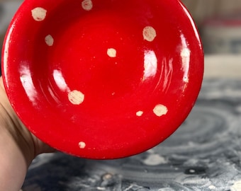 Mushroom Cast Dish | whisker-safe cat bowl | red, white, and brown | whimsical cottagecore decor