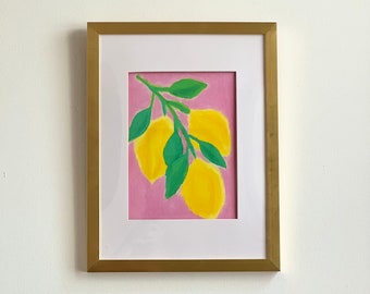 Original 9x12 Oil Pastel Drawing in Gold Frame- Lemons on Pink Background- Gold Frame with Floating Matte, Original Fruit Wall Art