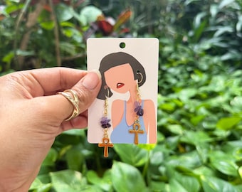 Pendientes colgantes de amatista y ankh hechos a mano / Joyería de cristal para protección e intuición / Regalo espiritual para mujeres de color