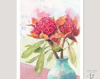 Waratah Floral Australian Native Flowers, Red Flowering Native Fine Art Print, Wall Decor Unframed