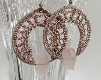 Quartz Dangle Crochet Earrings, Champagne Raw Crystal Earrings, Silky Shimmer Bridal Hoop Earrings, Zodiac Jewelry, Gift for Brides Mom