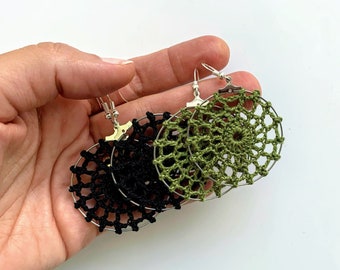 Handmade Spider Web Cotton Crochet Earrings, Crochet Lace Doily Circle Earrings, Black or Olive Green Hoop Earrings, Custom Color Earrings