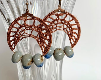 Cottagecore Copper Brown Rust Earrings, Ceramic Dangle Hoop Earrings, Bohemian Crochet Earrings, Boho Silky Lace Earrings, Tribal Jewelry