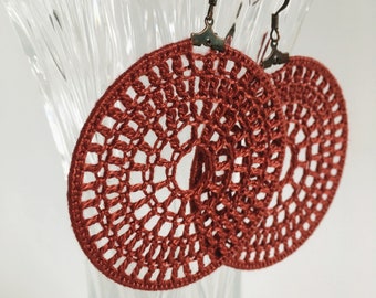 Spider Web Big Hoop Earrings, Rust Brown Circle Crochet Earrings, Round Geometric Earrings, Textile Dangle Earrings, Autumn Color Jewelry
