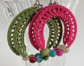 Colorful Crochet Candy Earrings in Hot Pink or Olive Green, Cool Edgy Beaded Hoop Earrings, Color Block Jewelry, Valentines Day Gift for Her