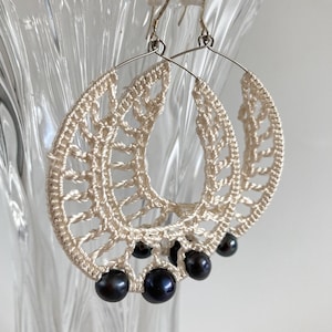 Black Pearl Silk Crochet Earrings, Shimmering White Elegant Crochet Hoops, Beaded Large Drop Earrings, Big Teardrop Earrings, Bridal Jewelry