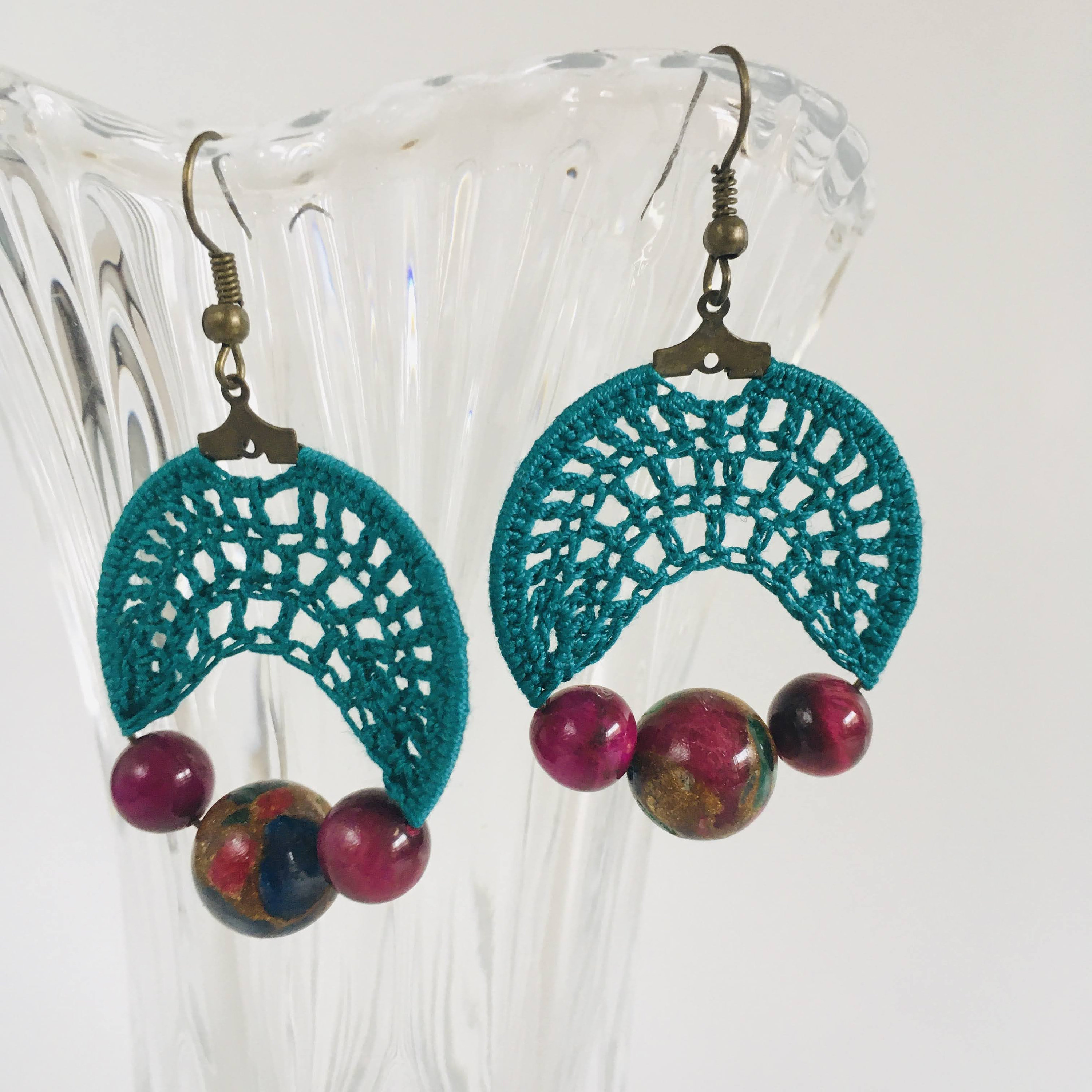 Emerald Green Dangling Crochet Earrings with Purple Glass Cat's Eye Beads, Bright Bold Color Block Hoop Earrings, Statement Cotton Jewelry - Thumbnail 6