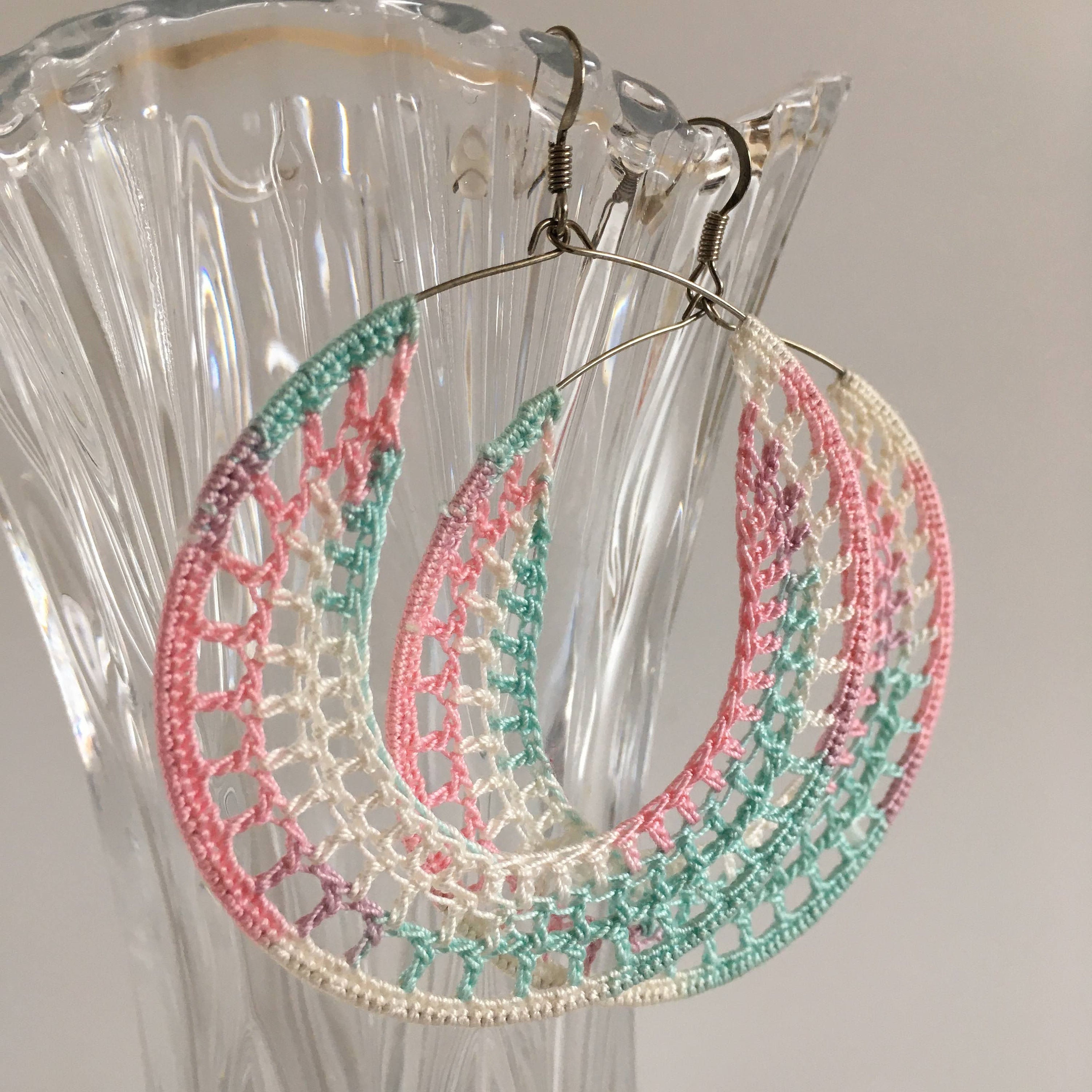 Big Hoop Ombre Earrings, Pastel Color Gradient Earrings, Round Crochet Artsy Earrings, Edgy Color Block Jewelry, Trendy Textile Accessories - Thumbnail 2