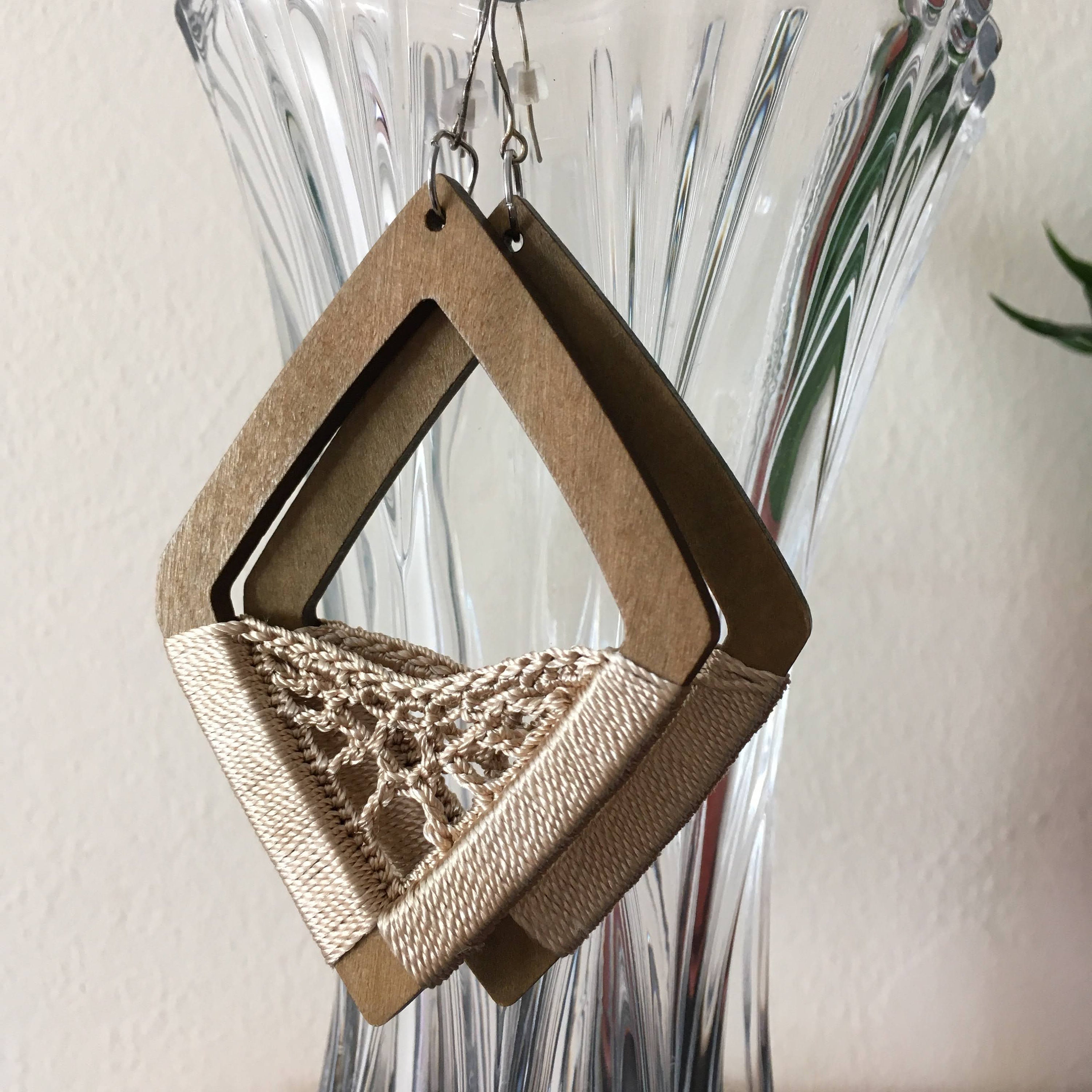 Champagne Beige Silk Crochet Earrings, Large Rhombus Brown Wood Drop Earrings, Aesthetic Handmade Jewelry, Artesian Fashion Gift for Her - Thumbnail 5