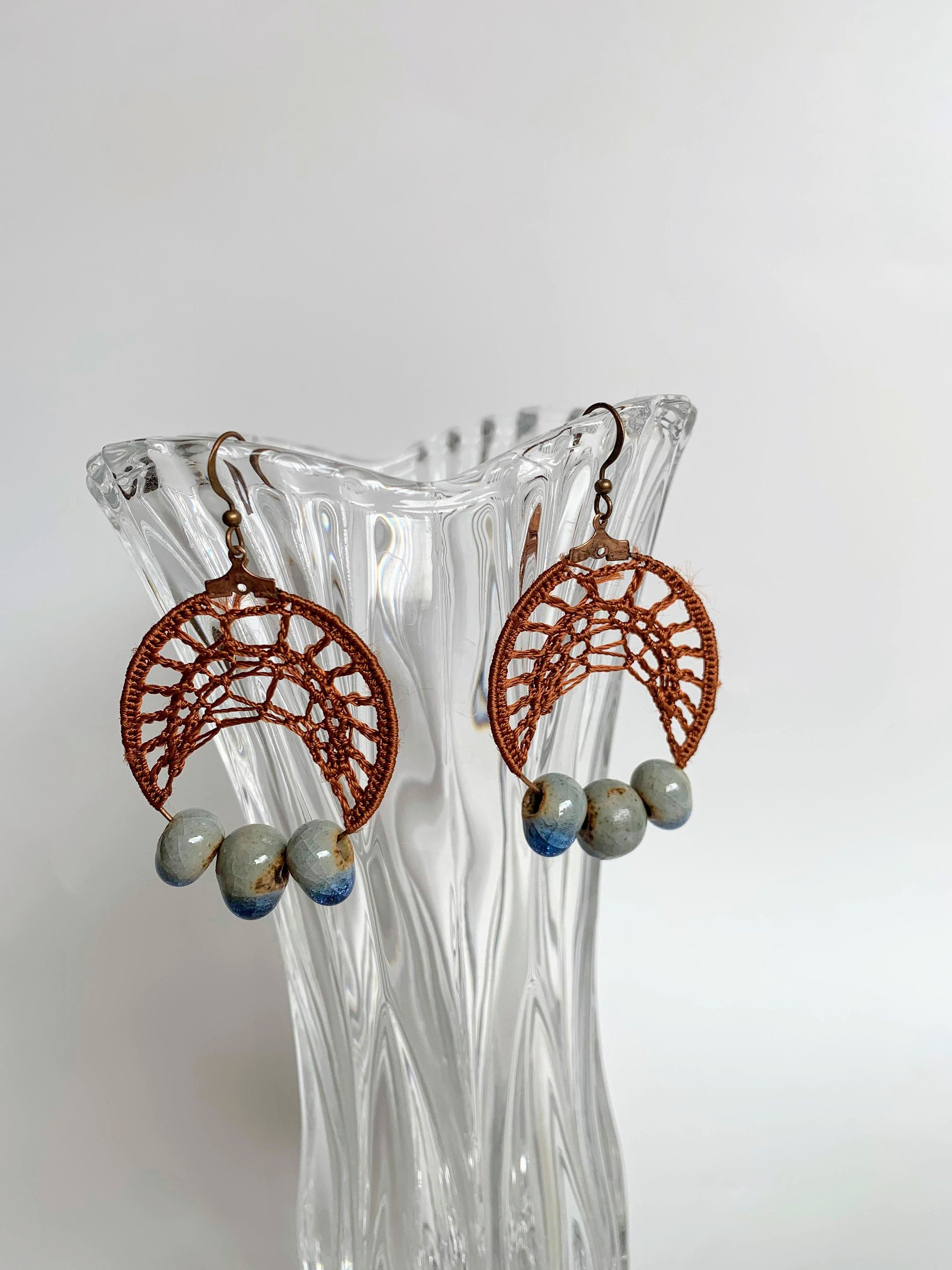 Cottagecore Copper Brown Rust Earrings, Ceramic Dangle Hoop Earrings, Bohemian Crochet Earrings, Boho Silky Lace Earrings, Tribal Jewelry - Thumbnail 6