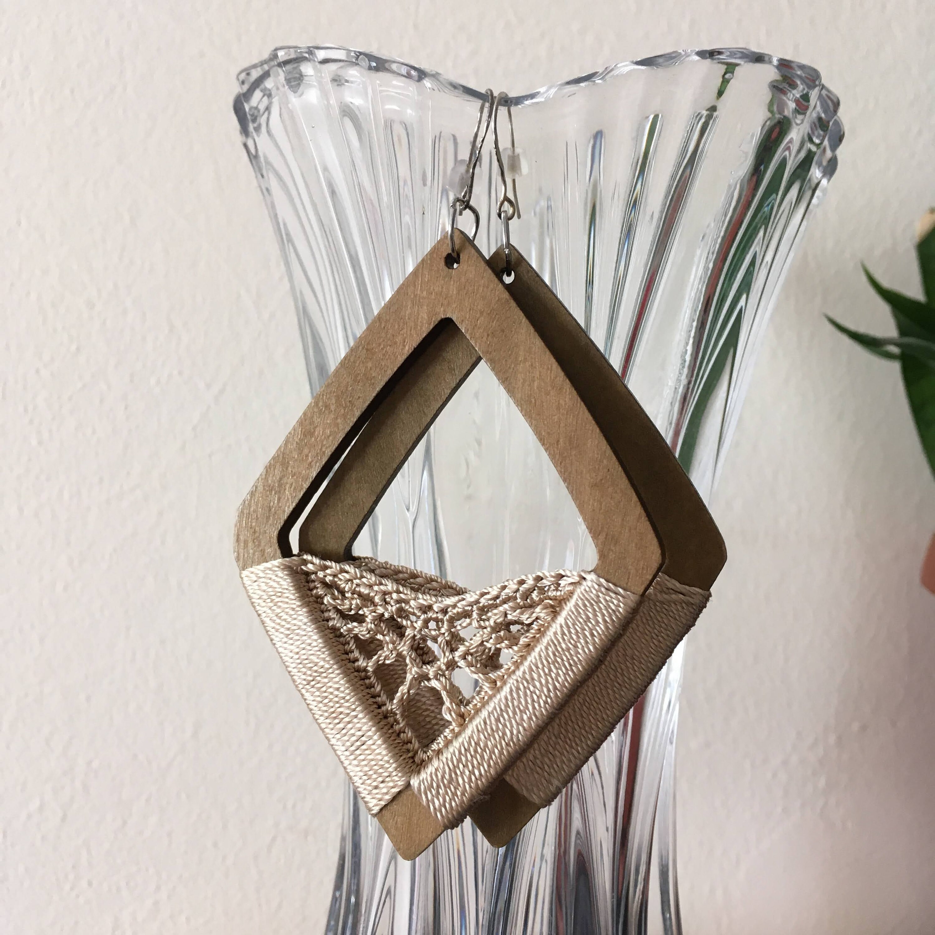 Champagne Beige Silk Crochet Earrings, Large Rhombus Brown Wood Drop Earrings, Aesthetic Handmade Jewelry, Artesian Fashion Gift for Her - Thumbnail 6