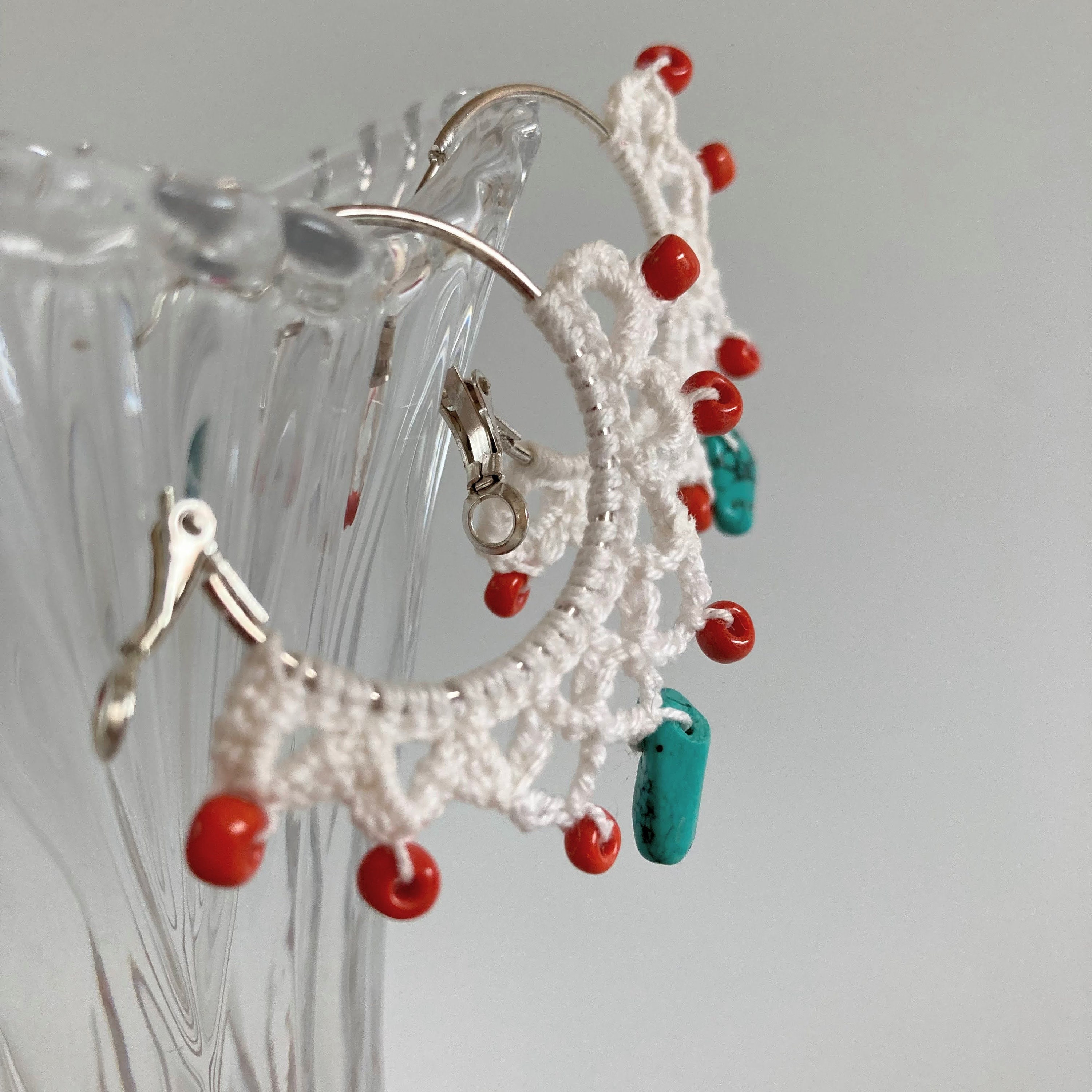 White Lace Crochet Earrings With Blue Turquoise Gemstones, Ethnic Cotton Hoop Earrings with Orange Seed Beads, Tropical Beach Summer Jewelry - Thumbnail 3