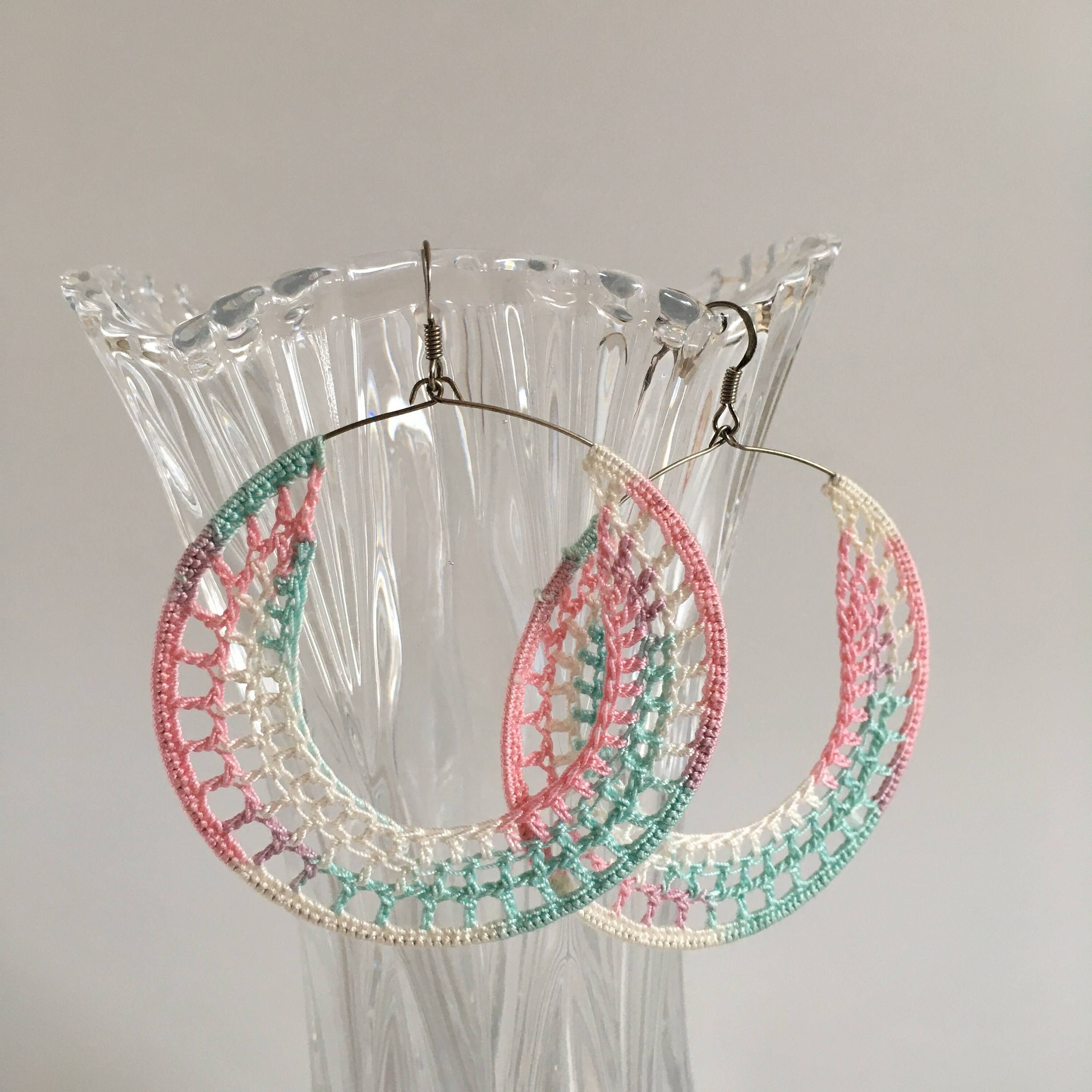 Big Hoop Ombre Earrings, Pastel Color Gradient Earrings, Round Crochet Artsy Earrings, Edgy Color Block Jewelry, Trendy Textile Accessories