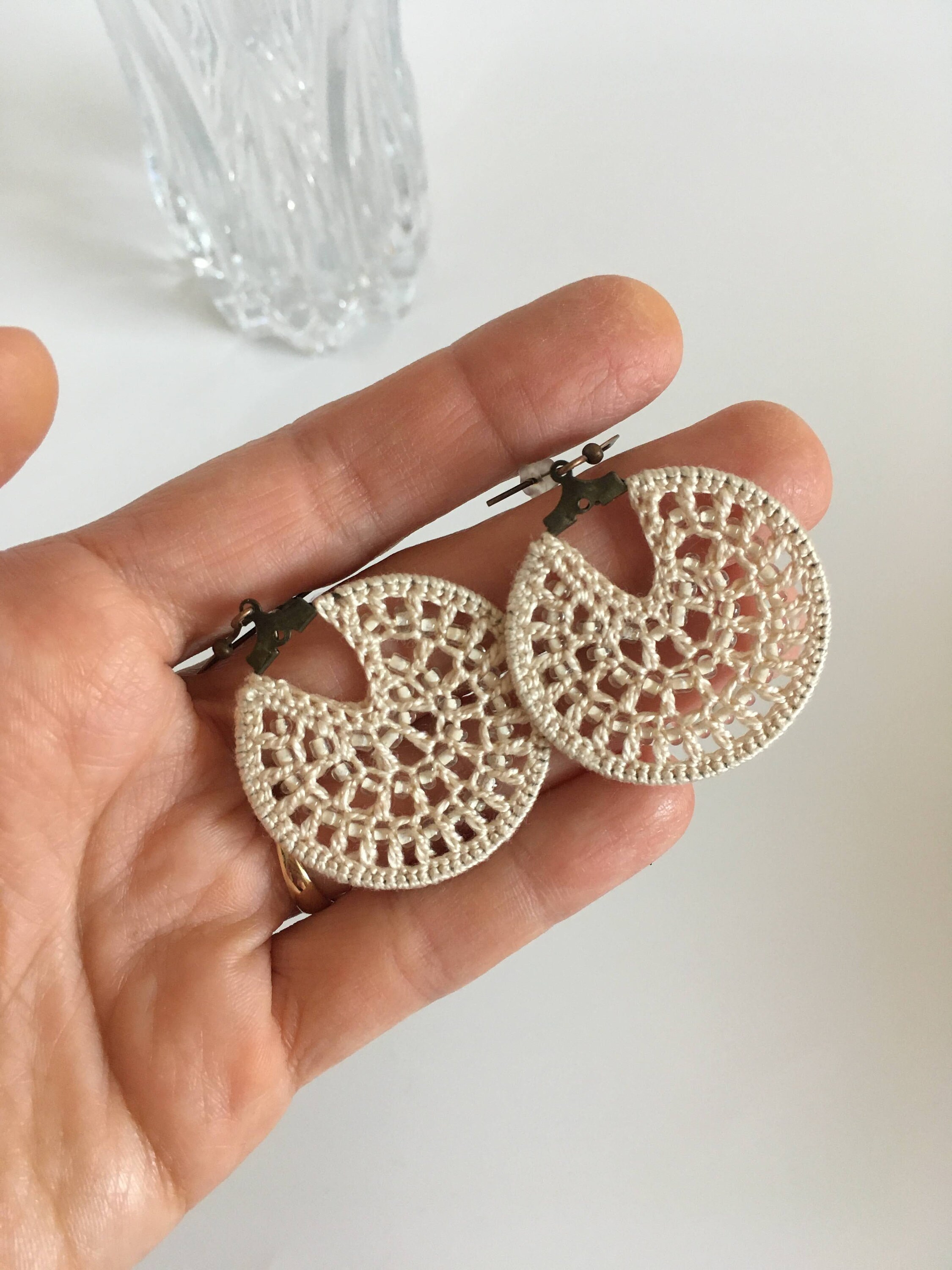 Off White Dangle Crochet Earrings with Beads, Modern Beaded Hoop Earrings, Cotton Lace Jewelry, Fiber Art Accessories, Gift for Wife - Thumbnail 7