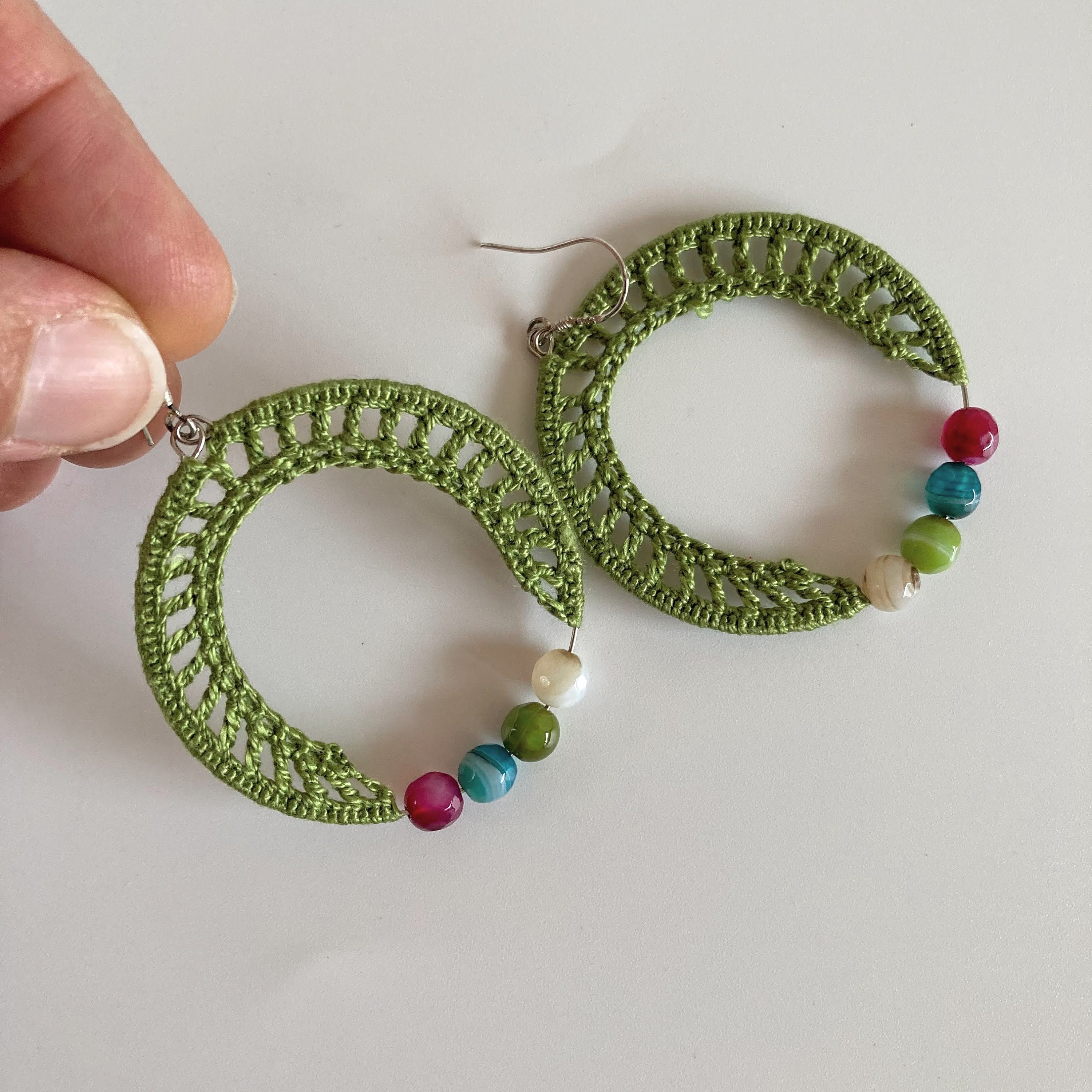 Colorful Crochet Candy Earrings in Hot Pink or Olive Green, Cool Edgy Beaded Hoop Earrings, Color Block Jewelry, Valentines Day Gift for Her - Thumbnail 6