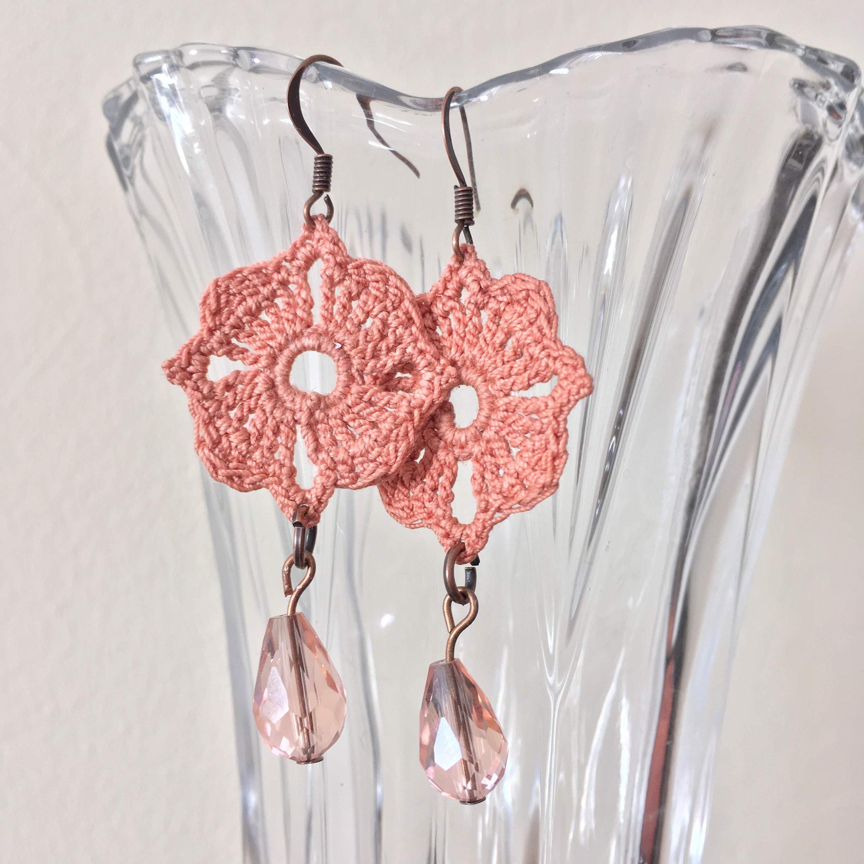 Pink Earrings With Teardrop Crystal Beads, Crochet Lace Earrings, Handmade Chandelier Earrings, Crochet Jewelry, Mothers Day Gift for Mom - Thumbnail 4