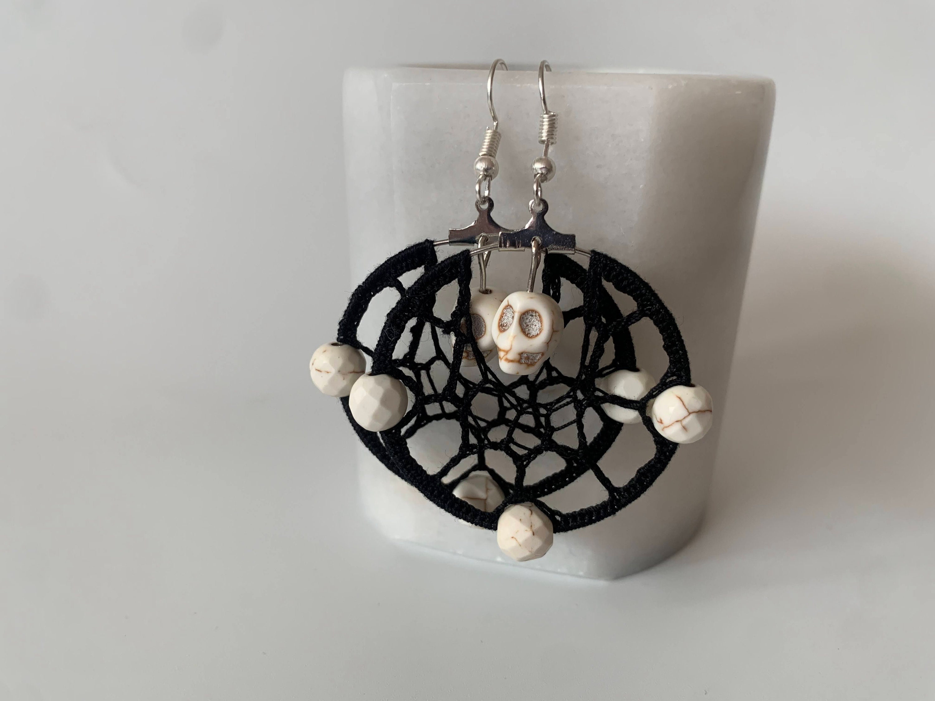 Handmade Skull Earrings, Cotton Lace Goth Earrings, Spider Web Halloween Earrings, Howlite Beaded Witchy Jewelry, Black Crochet Earrings - Thumbnail 6