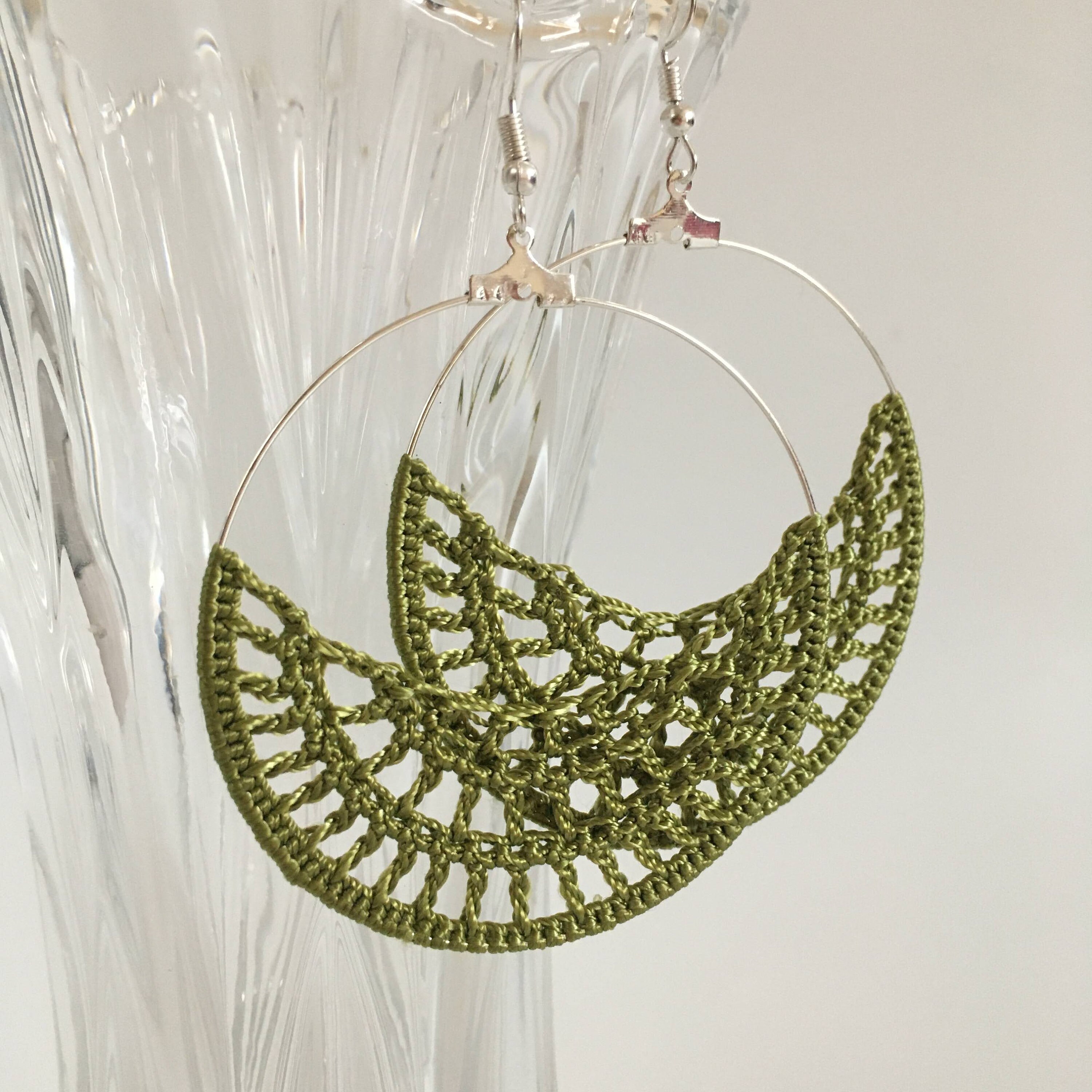 Crochet Hoop Earrings for Women, Half Moon Viscose Silk Thread Earrings, Spider Web Doily Earrings, Crochet Jewelry, Christmas Gift - Thumbnail 4
