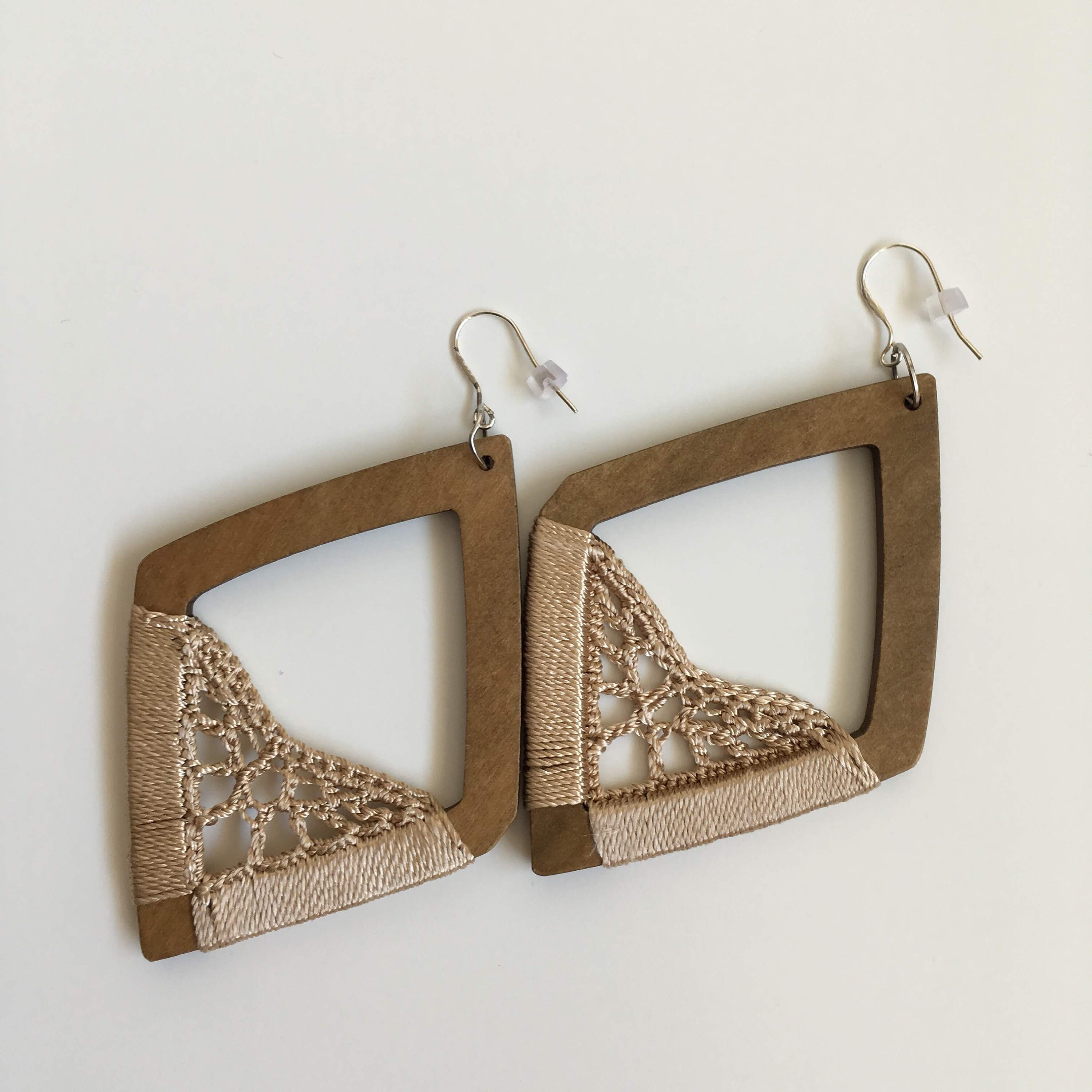 Champagne Beige Silk Crochet Earrings, Large Rhombus Brown Wood Drop Earrings, Aesthetic Handmade Jewelry, Artesian Fashion Gift for Her - Thumbnail 7