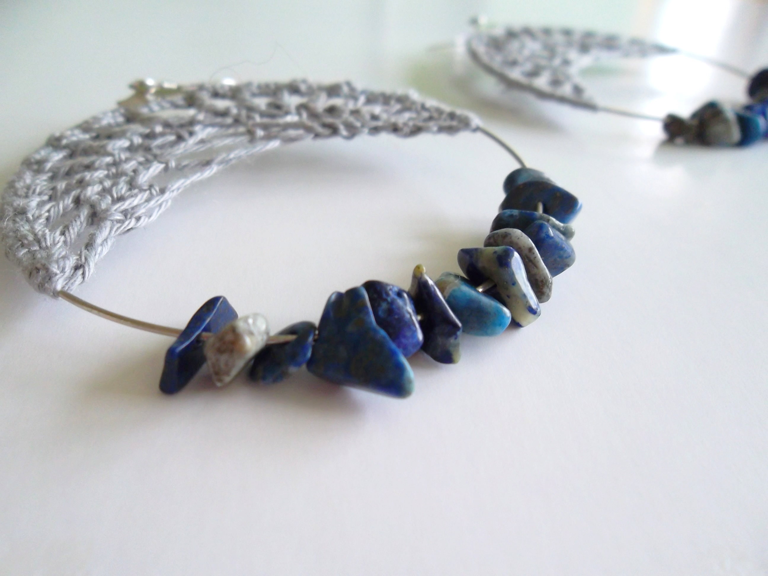 Large Hand Crochet Earrings in Grey Black or Blue, Azurite Chip Beaded Big Hoop Earrings, Bold Boho Lace Crochet Hoops, Unique Jewelry Gift - Thumbnail 6