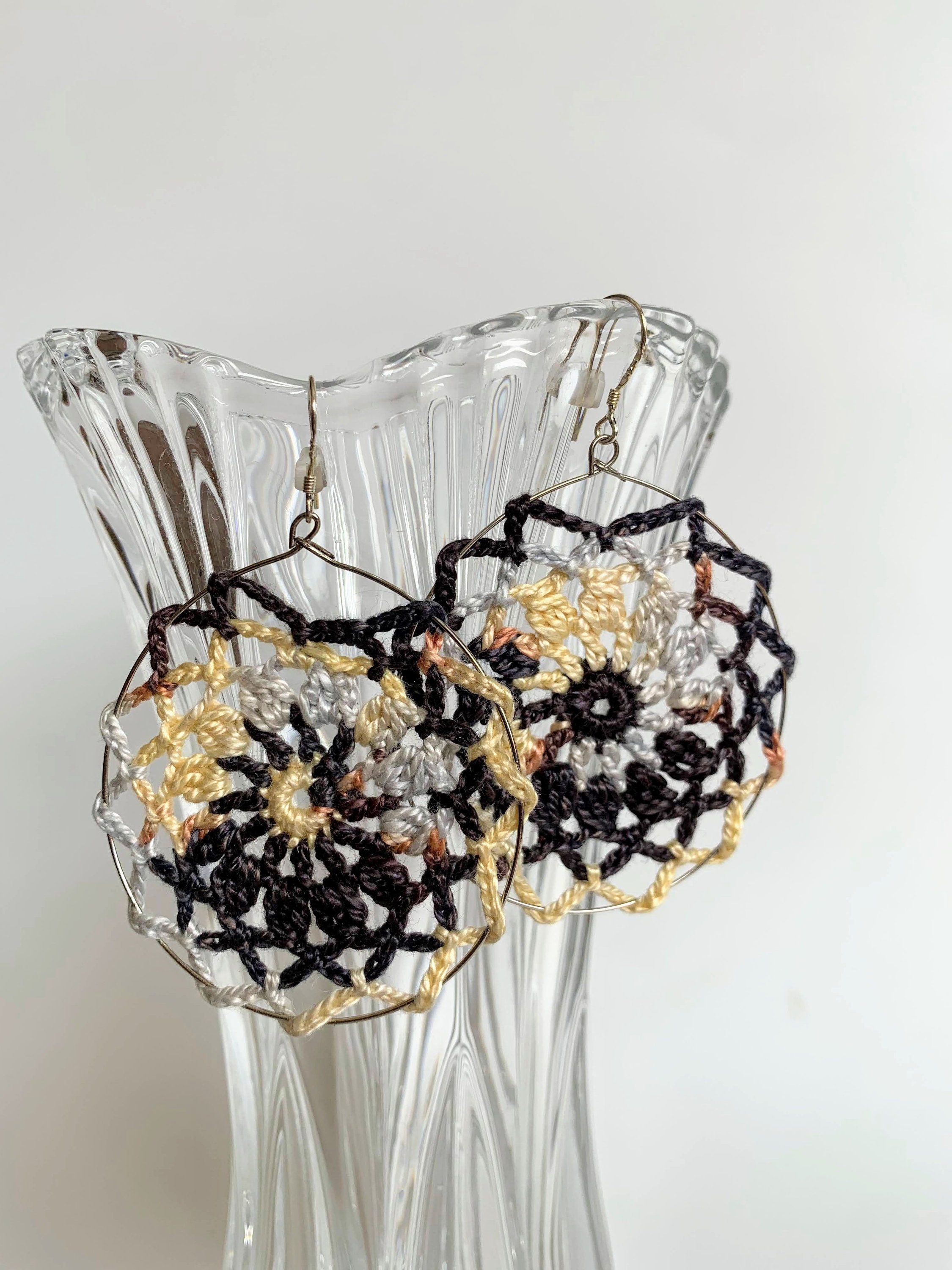 Ombré Cotton Crochet Earrings in Beige, Brown and Dark Grey, Flower Motif Dangle Lace Earrings, Lightweight Statement Large Hoop Earrings - Thumbnail 4