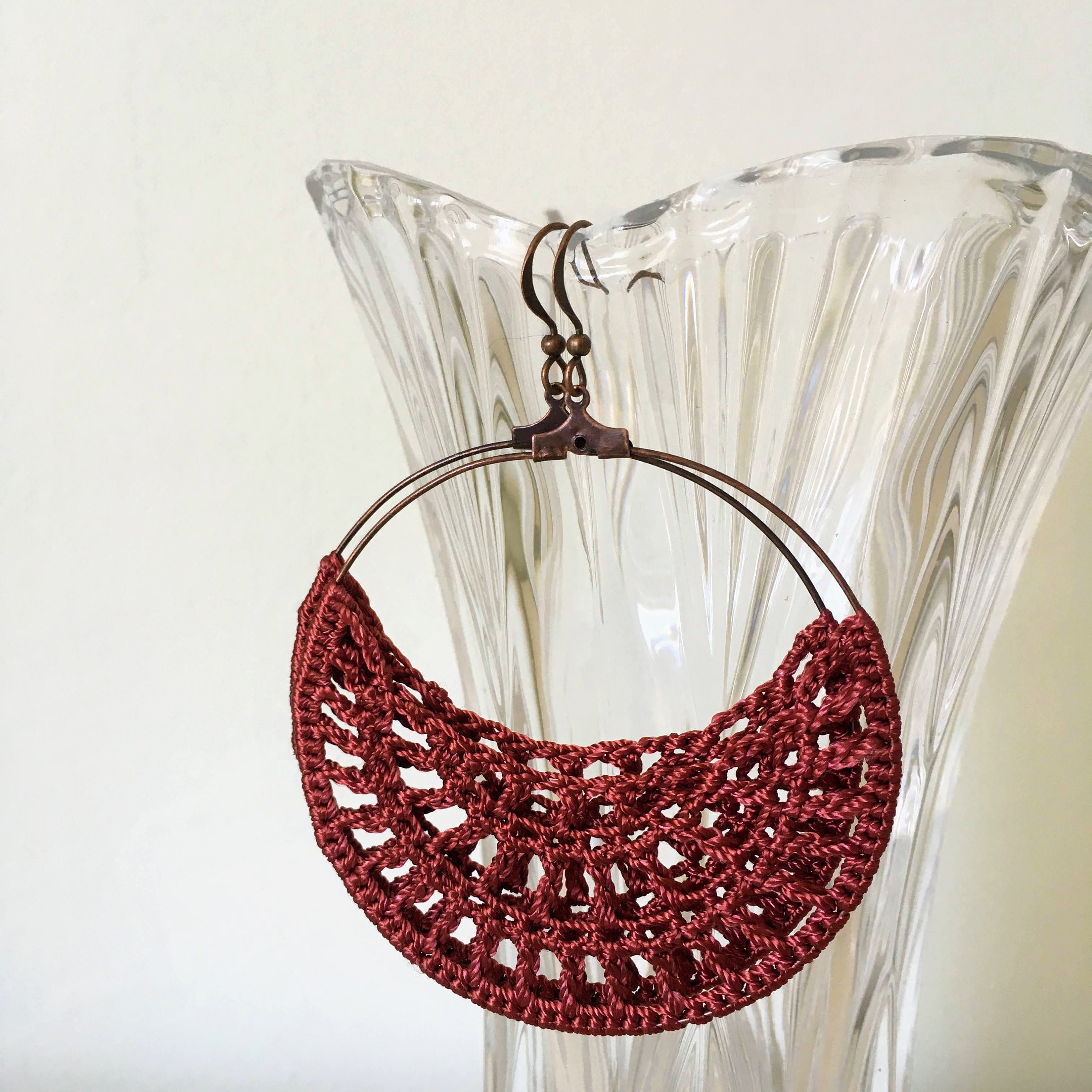 Crochet Hoop Earrings for Women, Half Moon Viscose Silk Thread Earrings, Spider Web Doily Earrings, Crochet Jewelry, Christmas Gift - Thumbnail 6