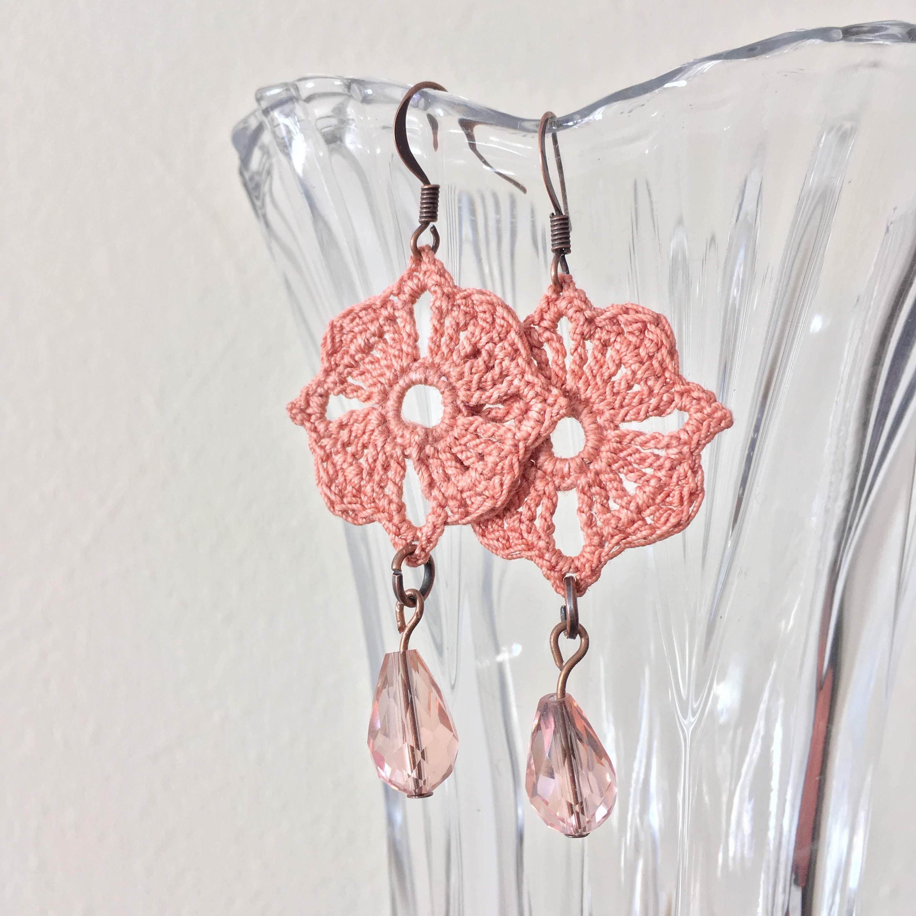 Pink Earrings With Teardrop Crystal Beads, Crochet Lace Earrings, Handmade Chandelier Earrings, Crochet Jewelry, Mothers Day Gift for Mom - Thumbnail 7