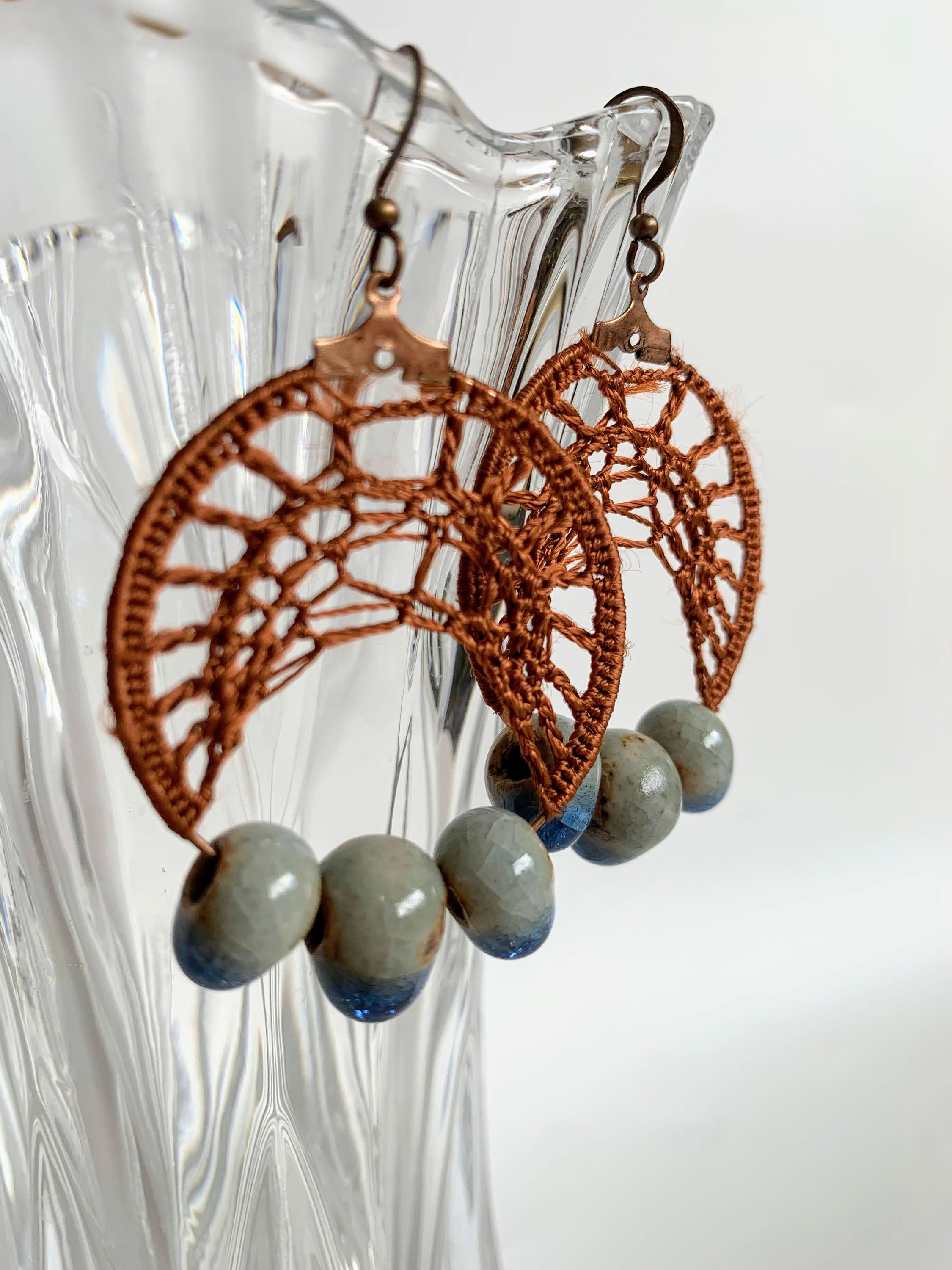 Cottagecore Copper Brown Rust Earrings, Ceramic Dangle Hoop Earrings, Bohemian Crochet Earrings, Boho Silky Lace Earrings, Tribal Jewelry - Thumbnail 2