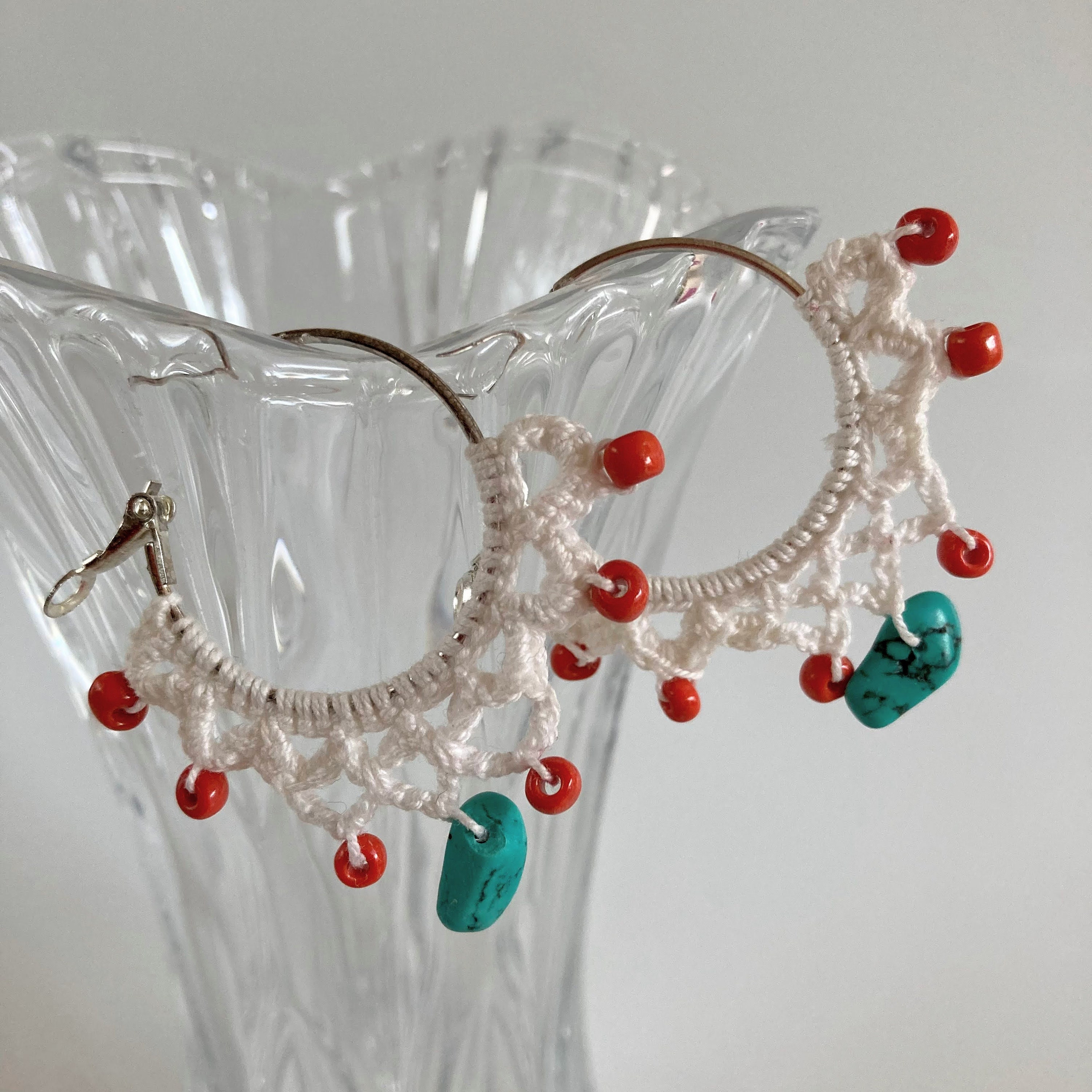 White Lace Crochet Earrings With Blue Turquoise Gemstones, Ethnic Cotton Hoop Earrings with Orange Seed Beads, Tropical Beach Summer Jewelry - Thumbnail 2