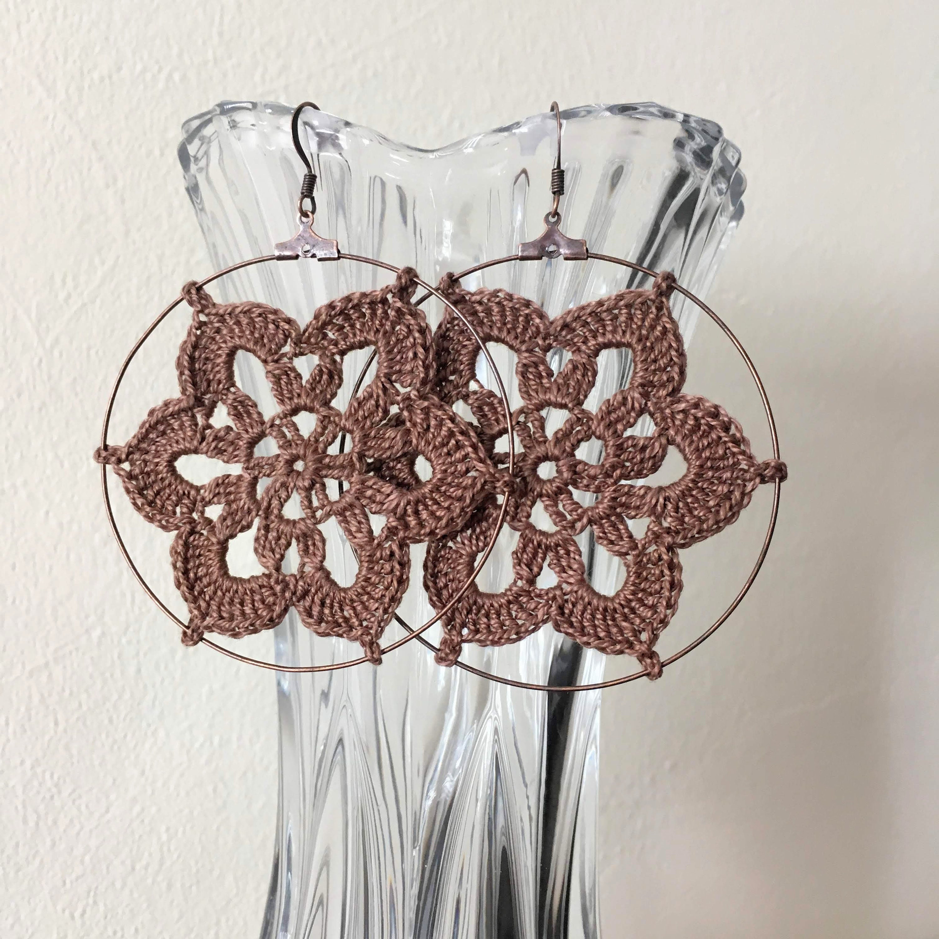 Cottagecore Crochet Flower Earrings, Romantic Lace Doily Earrings, Lightweight Oversized Mandala Large Hoop Earrings, Yoga Crochet Jewelry - Thumbnail 4